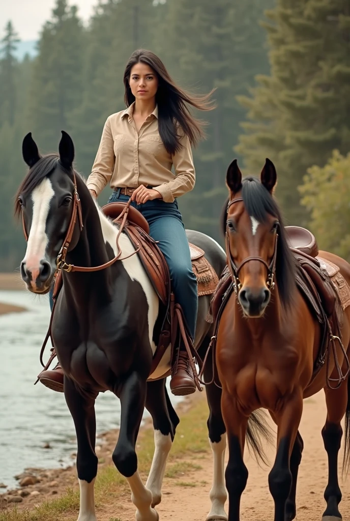 Selena Gomez is beautiful, smiling happily, wearing sexy riding clothes, riding a horse, a farm, mountains in the distance