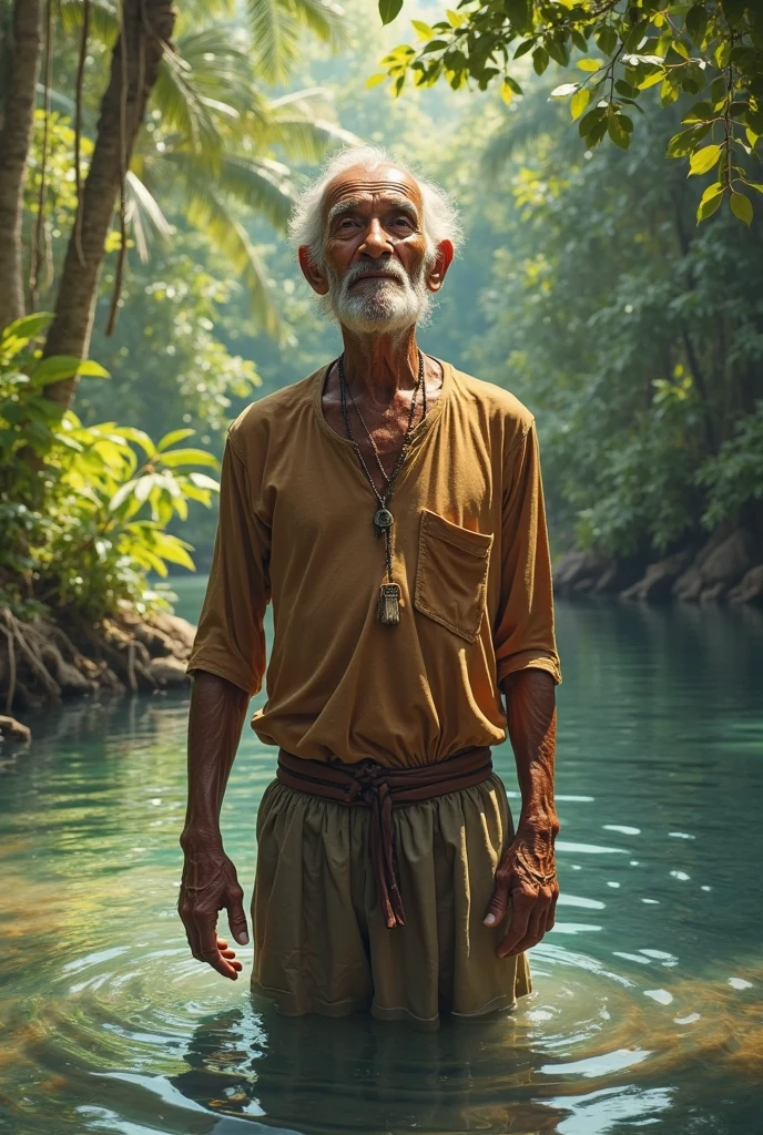 ( photo realism 1.2) photo realistic high detailed old native male smile sitting on jungle hut with dog sleeping under the dog after rain morning mode with campfire cinematic