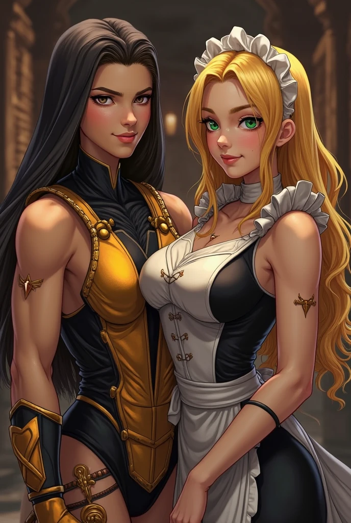 2girls, pharah and mercy, overwatch, blonde hair, black hair, deep v neck, dress, lesbian