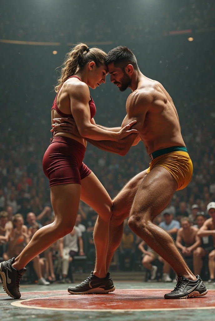 A fight between a fat European wrestler and a handsome muscular attractive white European male gymnast with spiky hair. The fat wrestler is seen choke-holding the muscular gymnast. the arena is seen in our background. All faces are facing the camera. The wrestler is behind the gymnast . All nude