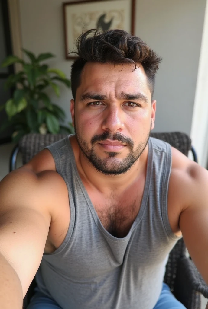 there is a man sitting in a chair with a cell phone, Homem de 4 0 anos, Homens de 45 anos, 3 2 anos, 3 6 anos, 38 anos, (38 anos), Fotografia selfie 8k, Homem de 5 0 anos, 3 2 - ano - homem de idade, imagem de qualidade muito baixa