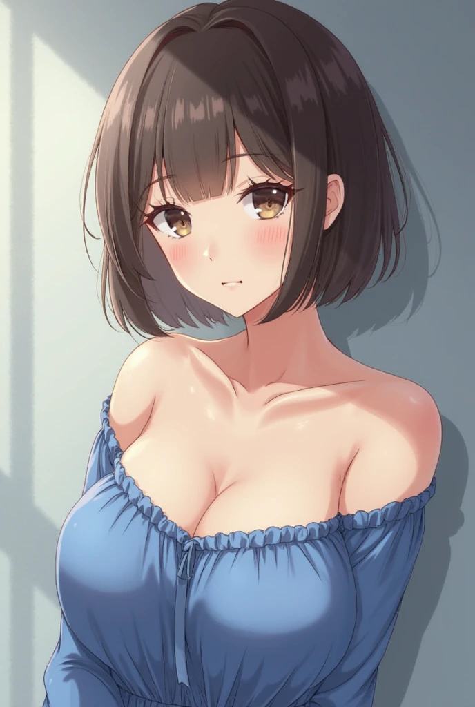 (Tabletop, Highest quality, High resolution, , Pixel perfect, 4K,), Natural brightness、One girl, Beautiful woman、The whole body is visible、 ((Wave shorthair、Blue ash glossy hair)), ((Gray Eyes, Beautiful eyelashes, Realistic eyes)), ((Detailed face, blush:0.6)), ((Smooth texture:0.75, Realistic texture:0.65, Realistic:1.1, Anime CG style)), Mid-chest, Dynamic Angle, Perfect body, university student、((Off-the-shoulder knit、Wrap skirt、Simple necklace、Cute Earrings)), look up、A shy smile、Accentuate your breasts、Bending over and peering、Sit with your legs apart、Attractive thighs、Angle from below、hotel lobby、I can see the blue pants