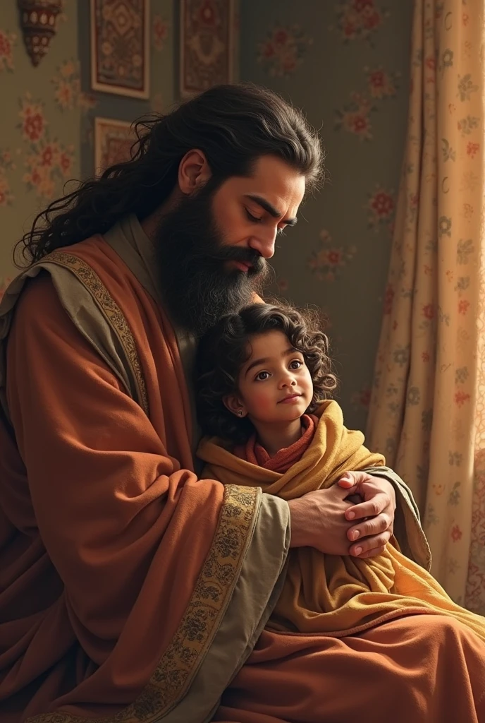 Absalom, filho do Rei Davi, menino com 10 anos e de cabelos longos, usando vestes masculinas tradicionais do Antigo Testamento, With her mother whispering in her oblivious ultraealist image.
