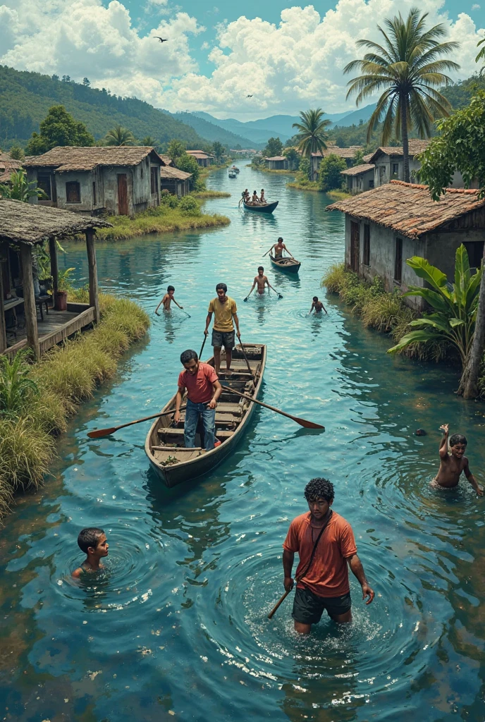 I would like you to create an image involving:
1- sad children on a boat in the Amazon lake looking for help (Left side)
2- a road/highway separating children's drawing (in the middle of the image)
3- a boat with armed police on the other side (Right side)