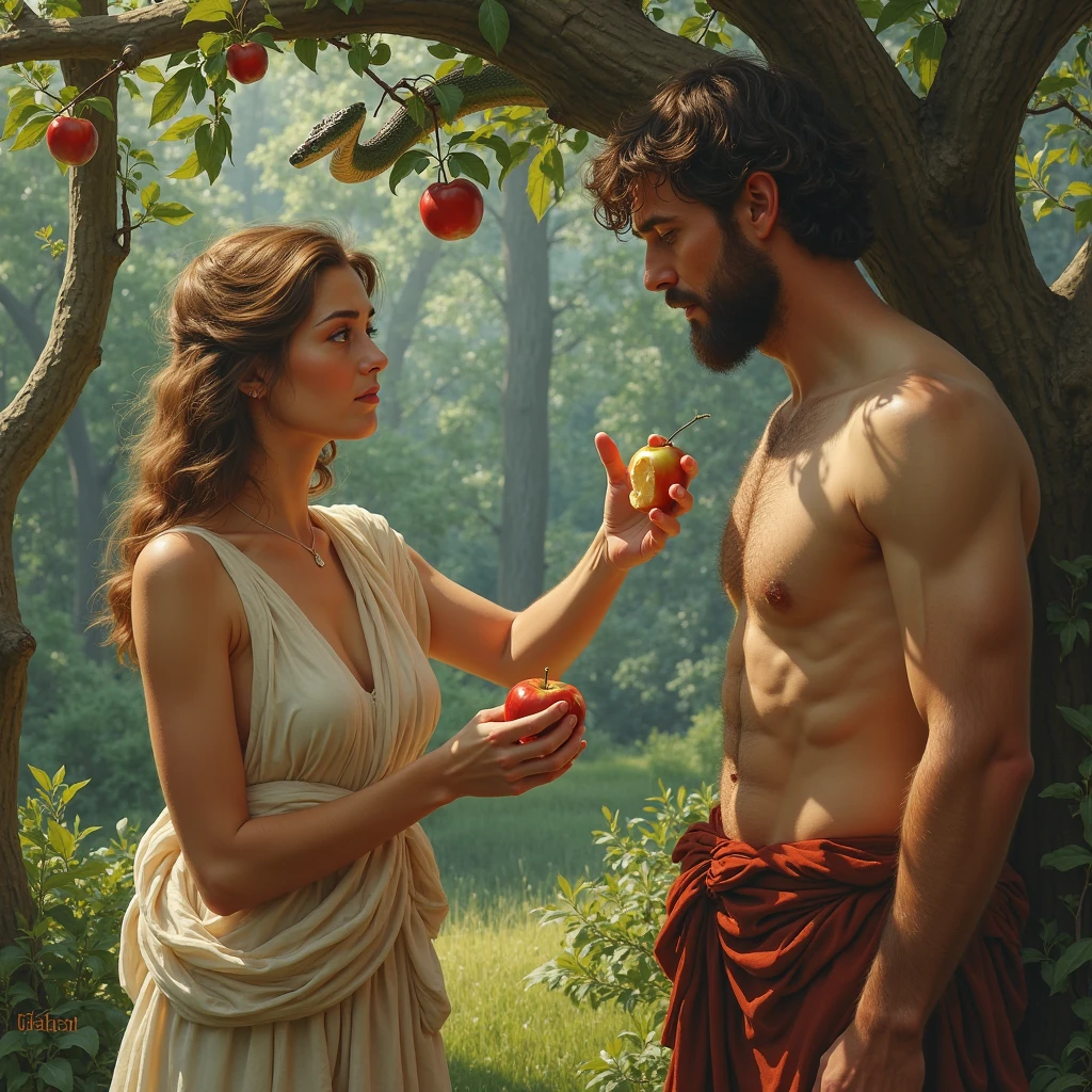 Draw illustrative image of Adam and Eve eating forbidden fruit .