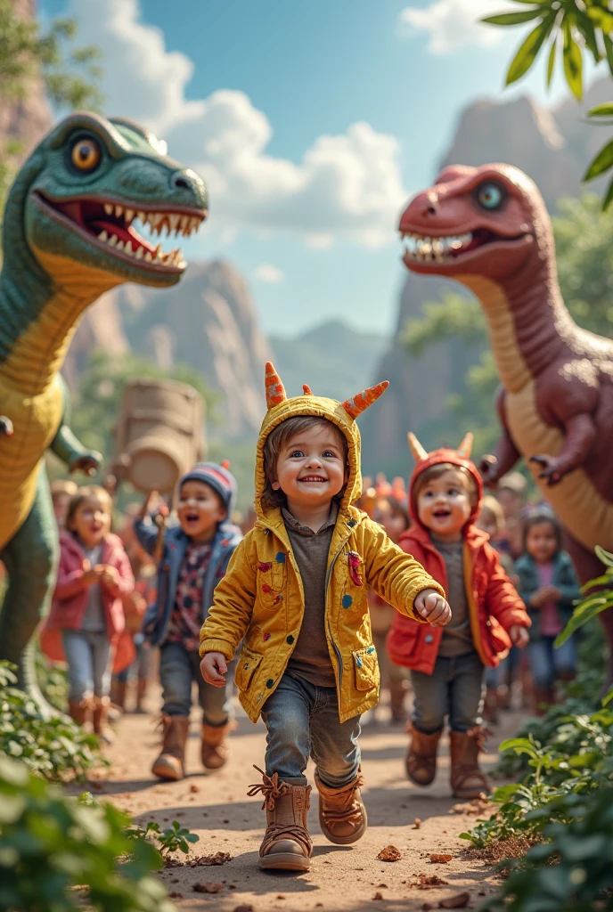 Make a Boy, usando oculos azuis, camiseta verde, In a dinosaur themed amusement park, como Disney Cartoon, Pixar, ..3d, Disney