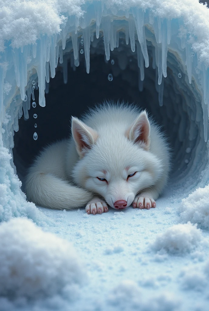 A transparent ice arctic fox, sleeping, elaborately designed, translucent, lying, drkfntasy, gleam, ultra realistic, extremely detailed CG unity 8k wallpaper, masterpiece, best quality