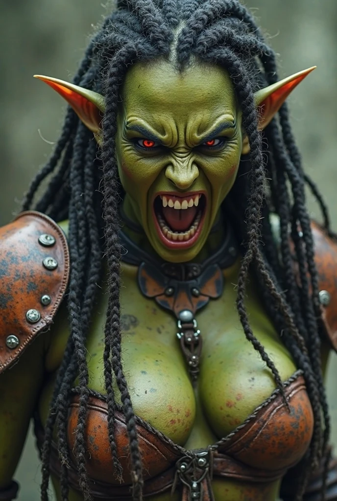 a realistic portrait of an orc female, highly detailed face, detailed eyes, detailed hair, detailed skin, sharp focus, soft lighting, full body shot, curvy body 