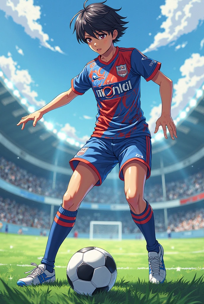 One boy　Pink Hair　Yellow Eyes　soccer場　水色のsoccerウェア　soccer　shoot　soccerボール　Scoring goals　Number of people
