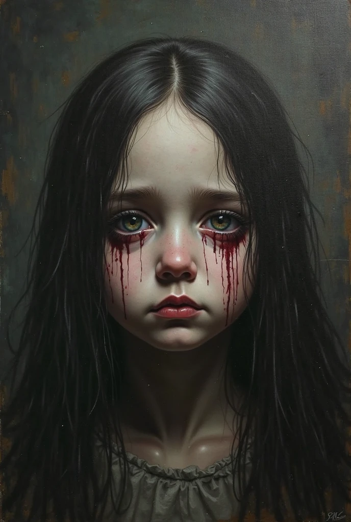 of brown long straight hair, Bangs, big brown eyes, pale skin, slim, pale skin, ???, child, scary, realistic, raspy lineart dirty-like