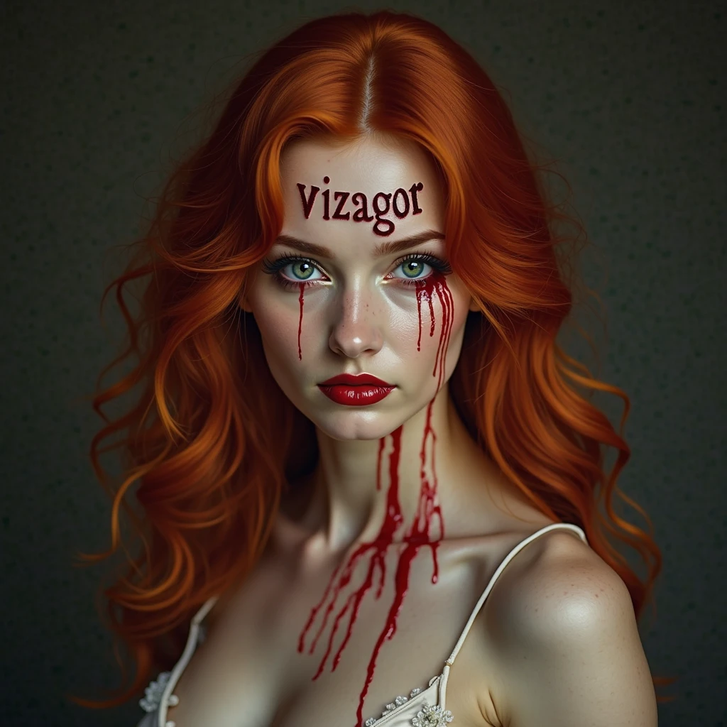 Sexy young Lady, cute, innocent, clumsy, smile, white dress, mastermind, culprit, leadership, powerful, rich, dark, anti social , blood in hand, ((holding a board with word"trust me" written in blood)), 8k, MASTERPIECE by Aaron Horkey and Jeremy Mann, sharp, masterpiece, best quality, Photorealistic, ultra-high resolution, photographic light, illustration by MSchiffer, Hyper detailed