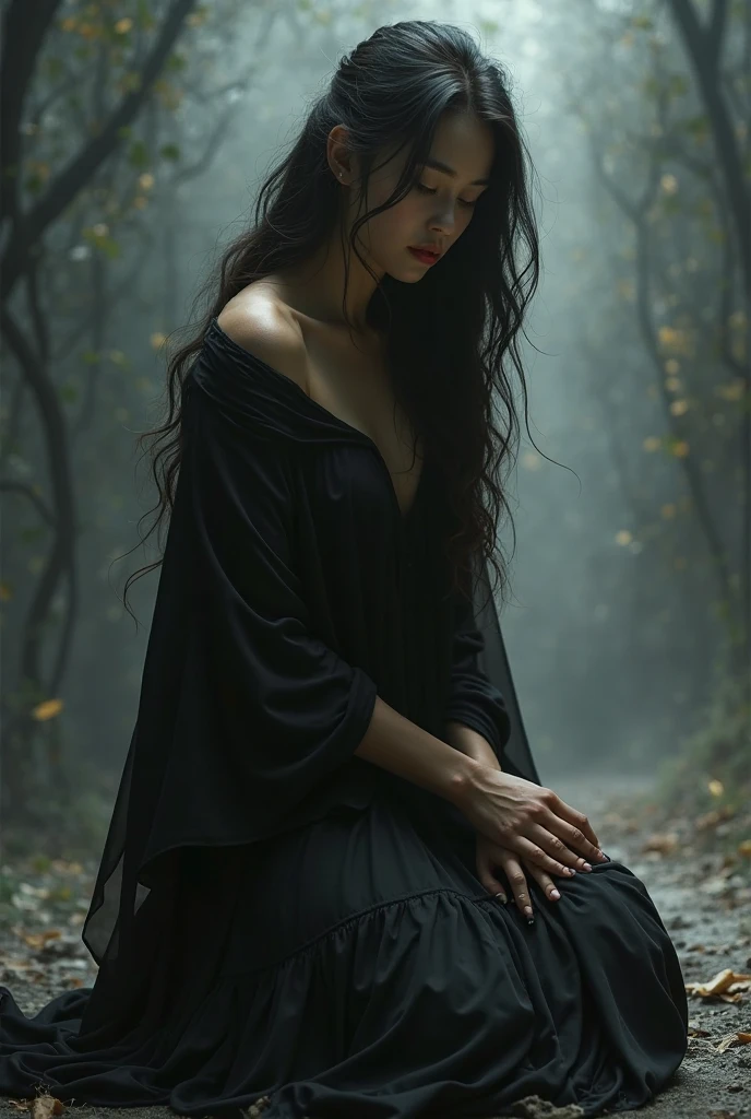 In this mesmerizingly detailed and hauntingly realistic portrait, a young woman is captured in a moment of desperate terror. Her flawless porcelain skin is marred by the encroaching mud, which stains her once-pristine white dress, highlighting her delicate features in stark contrast. The artist masterfully portrays her anguish as she kneels in a muddy puddle, her eyes wide with panic and her mouth frozen in a silent scream. The surrounding reeds sway ominously in the wind, casting eerie shadows that dance like ghostly antennae on the murky water. Towering trees loom in the distance, their silent presence adding an air of foreboding to the scene. This high-quality artwork, crafted with meticulous attention to detail, immerses