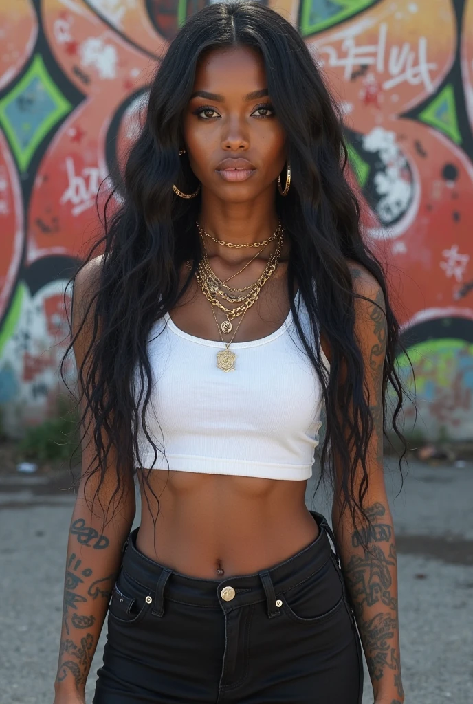 there is a woman with long hair, grey background, Nigerian, seductive face expression, sza, gorgeous woman that looks like doja cat, long straight hair, 💨🌆👩🏾, she is wearing a white tank top jean shorts and a gold chain , black hair, big butt, young black woman,