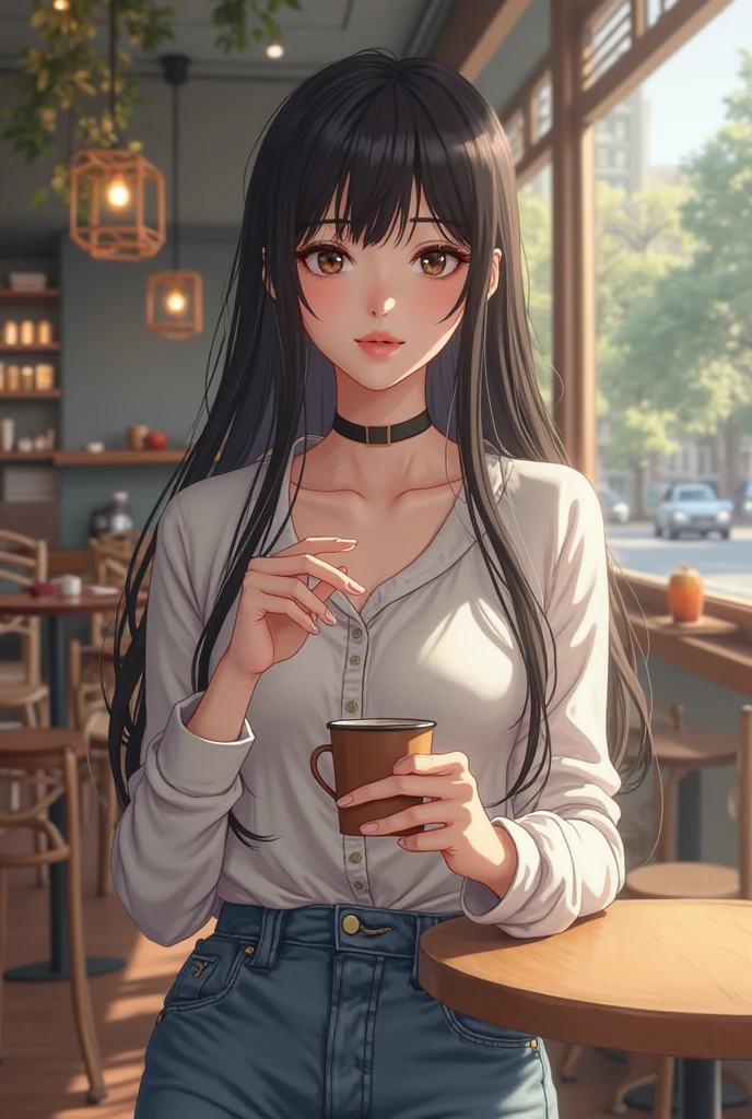 Daughter enjoying coffee and cheesecake at a cafe