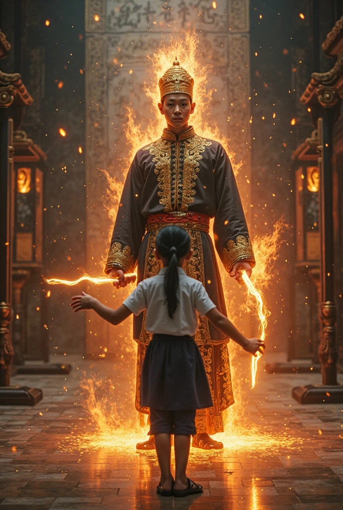 there is a young girl in a red jacket standing in front of a dragon statue, still from a live action movie, japanese live-action movie, scene from live action movie, wearing gilded red robes, the dragon girl portrait, handsome japanese demon boy, chinese new year in shanghai, still from a fantasy movie, akira from chinese mythology, cinematic. by leng jun