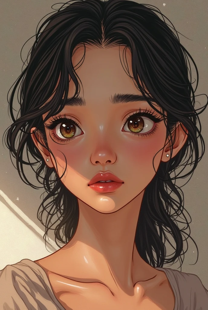 Teenager with medium black curly hair, dark eyes and brown