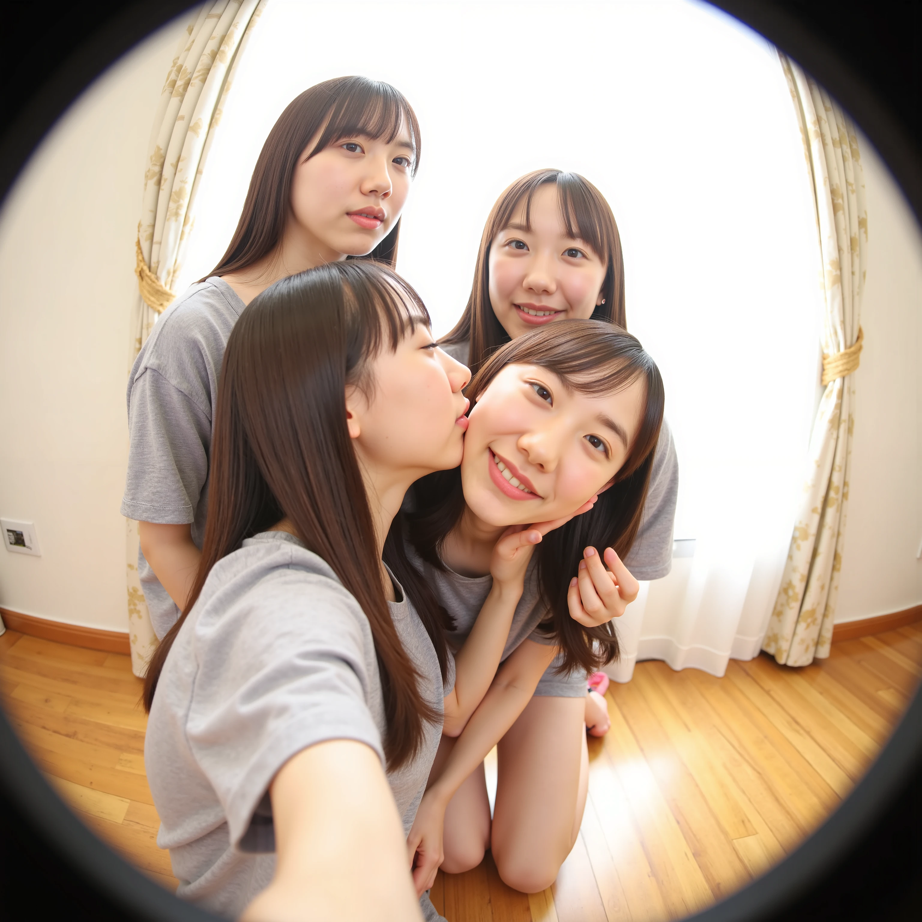 Twin sisters kiss、Take a selfie with a fisheye lens、with long straight hair, Light gray top focusing on the subject, Empty eyes 、 Open your mouth and don't be lazy 、 squatting position , smooth skin, then, Install a soft window, Diffuse light shines into the natural interior background, light wood floor , warm and serene vibe , , shallow depth of field