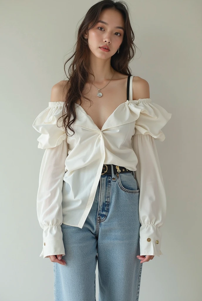 Masterpiece, high quality, ultra realistic, (45yo:1.3),female, bending forward, beautiful face, (face wrinkles:1.4),(off shoulder,jeans:1.4),(covered nipples:1.2), bag,(cameltoe:1.2),first person view,(down blouse,:1.2),walking,Enhanced cleavage,(election of nipples:1.2),kyoto,