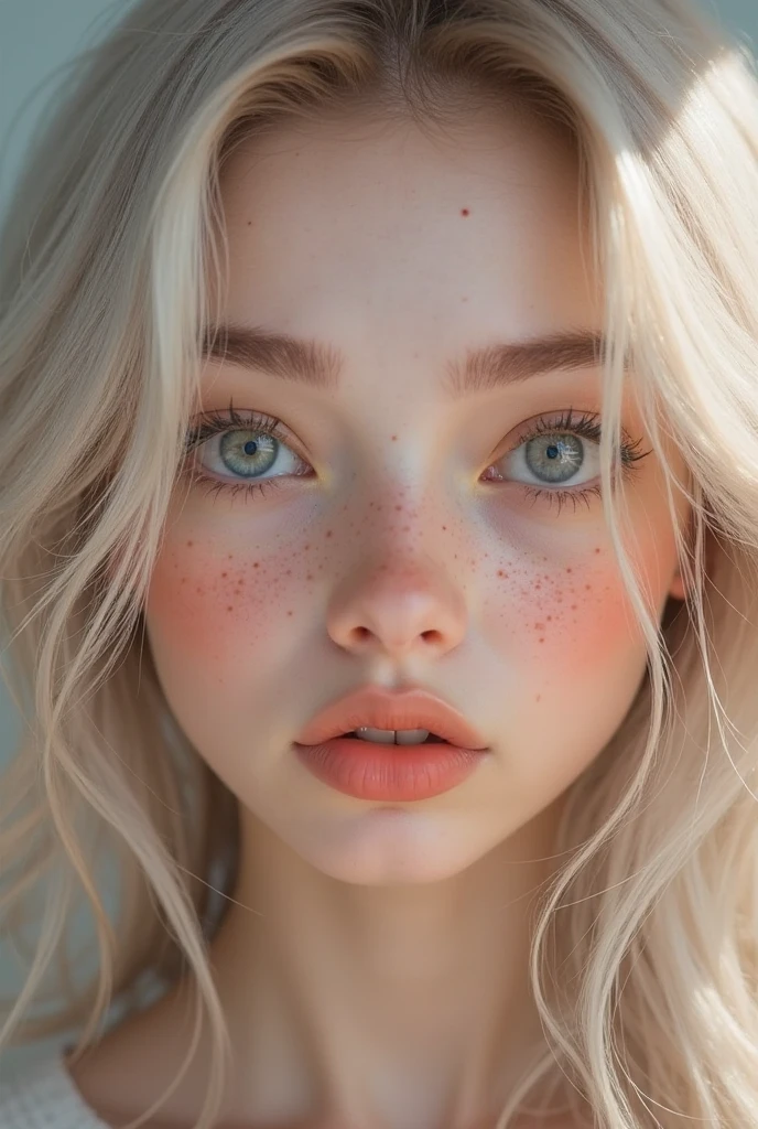a girl with white long hair blue eyes white pale skin red lips WHITE EYEBROWS button nose white eyelashes big plump lips freckles all over the face