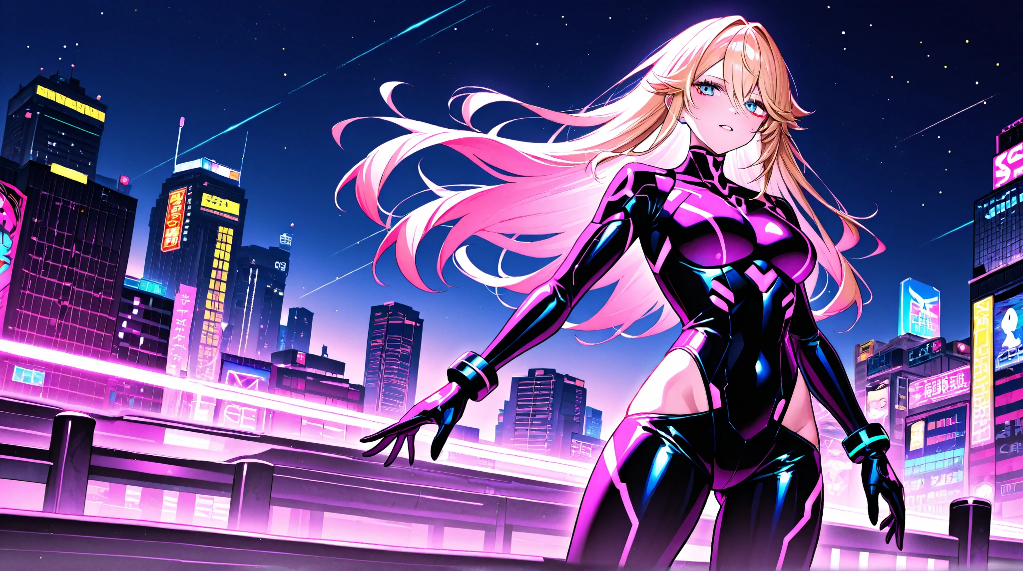 masterpiece, color photo of slim gorgeous blonde woman, sexy, cyberpunk, long hair, racing suit, latex, (((unbuttoned outfit))), ((open top)), small breasts, ((tight shirt)), looking at viewer, nikon 85mm, alone, single, neotokyo, outside, night, street, motorcycles, high tech, the future, soft light, centered, volumetric lighting, bomber jacket, ligne claire, flat color, chromatic aberration, high contrast, limited palette