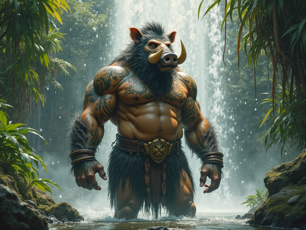 ((standing in the water)), tomando um banho, 4k, high resolution, melhor qualidade, cores perfeitas, sombras perfeitas, realista , luz de preenchimento brilhante, (low angle shot:1.2), ((corpo peludo)), Sozinho, Pantera de antro, macho, tanned belly hair, adulto, ( lustre, enorme, enorme, viril, masculine, peso pesado:1.4), bolas detalhadas, dick print, ((corpo totalmente nu)), molhado , lube , tribal ,molhado cloth, fundoshi branco pequeno, Protuberance, dick print, mamilos , suor, molhado fur, ((anatomia correta)), (photorealista fur, pele detalhada, cicatrizes, epic, Obra de arte:1.2), detailed floresta background, floresta, Steam, cachoeira, tom quente,  rosto bonito, rosto atraente e excitado., pernas abertas, Pernas abertas