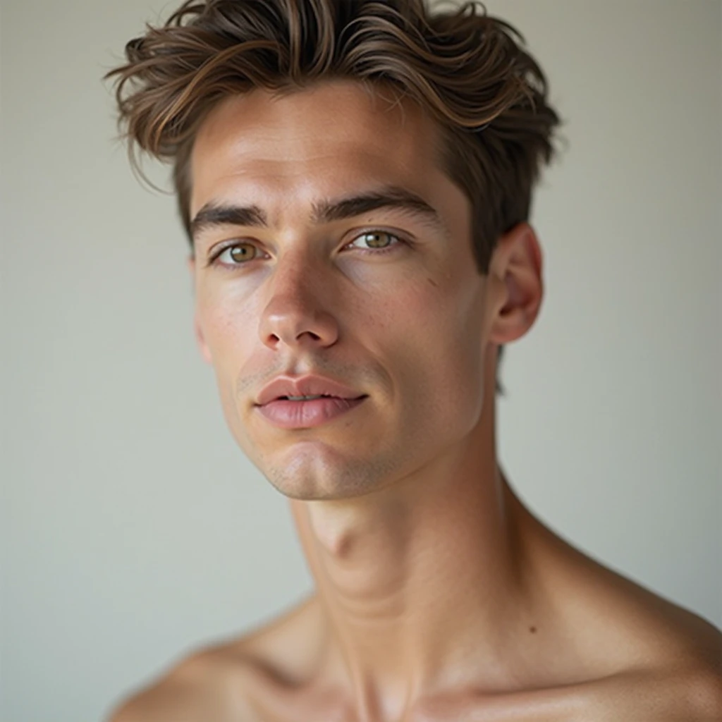 White male model with very very white skin, muscular, slender and sporty, medium-length light brown hair, green eyes,