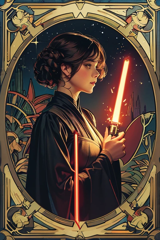 (best quality,ultra-detailed,realistic:1.37),Princess Leia,beautiful face,detailed eyes,detailed lips,hourglass figure,long flowing hair,confident expression,white flowing dress,gold belt,holding a blaster,powerful stance,standing in a lush garden,sunlight filtering through the trees,soft and warm lighting,subtle bokeh,portrait style,colorful and vibrant tones,impressive attention to detail
