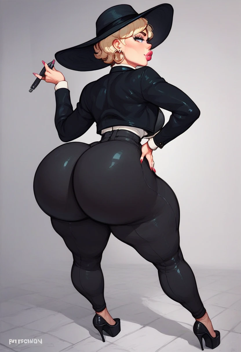 character sheet, reference sheet, design sheet, front view, side view,back view, turnaround, multiple views, solo, gigantic wide hips, extremely small narrow waist, enormous round thighs, very long legs, flirting baby-face smile, pouting thick lips, big green eyes, deep round cleavage. Wearing reflective hot pink blouse. black pantyhose. thin waist, tanlines, at gala ball, makeup, 48 year old captivating long-haired blonde tween bodybuilder