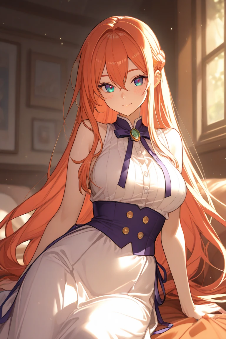yurii, 1girl, solo, long_hair, breasts, looking_at_viewer, bangs, blue_eyes, large_breasts, simple_background, dress, cleavage, closed_mouth, collarbone, upper_body, frills, orange_hair, brown_background