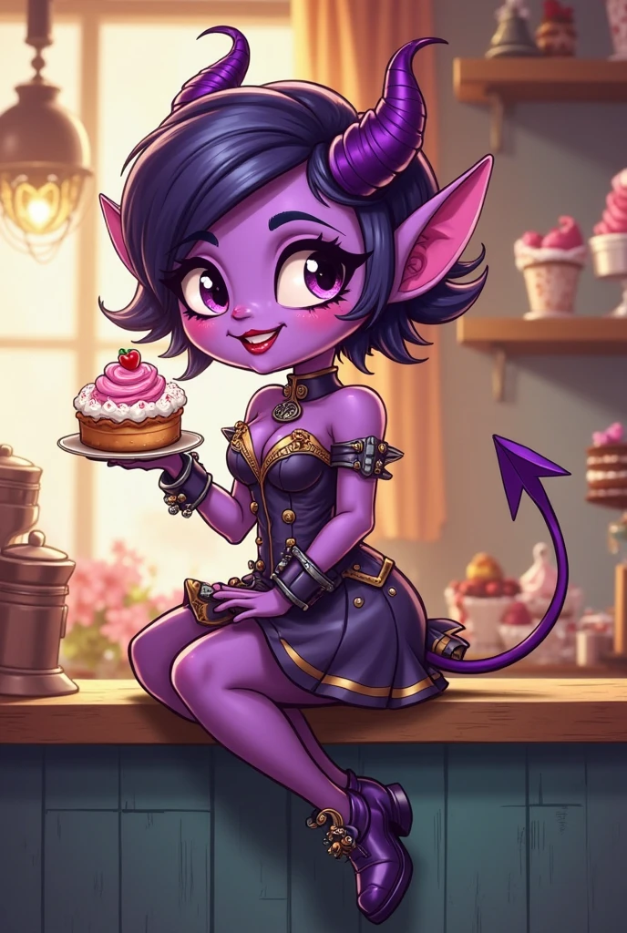 masterpiece, best quality, Maleficent holding a whole cake, 8k, White background,Solid color background,Woman holding cake, 8k, (Clear focus, Very detailed) Warren Tufts, Retro, deep cleavage, bakery shop in background