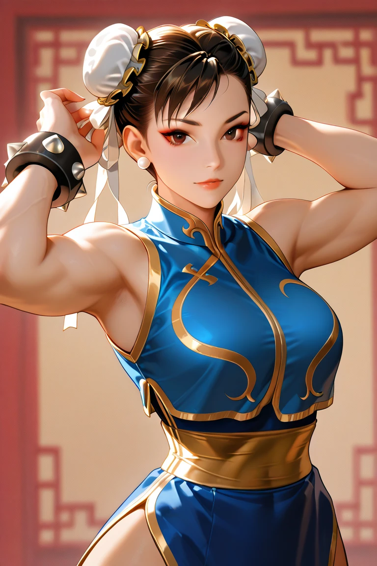 juri han,,viewed from the top,looking from above,staring overhead,best qualityer,blue outfit,chun li,solo, masterpiece, best quality, agrias, grey sweater, black leotard, standing, looking at viewer, short hair,The eyes,evil smile, evil look,black gloves,blue outfit,yandere face,low lighting,healed thigh detailed cup,looking forward jury han,Bela,detailed hand(((showing armpits)))  colorful background, full body 