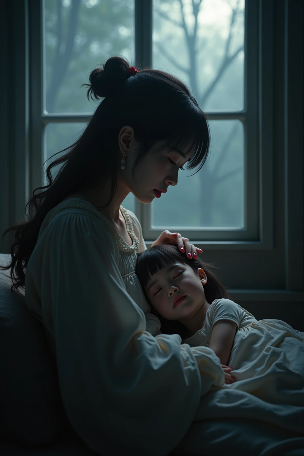 In the dimly lit room of a South Korean family home in the 1978s, a 29-year-old, short-haired Korean woman sits waiting for her husband, watching the front door with a worried expression and patting her  with a sad expression on her face. On the floor of the room, a newborn  sleeps, wrapped in a cozy quilt.  It is dark outside.