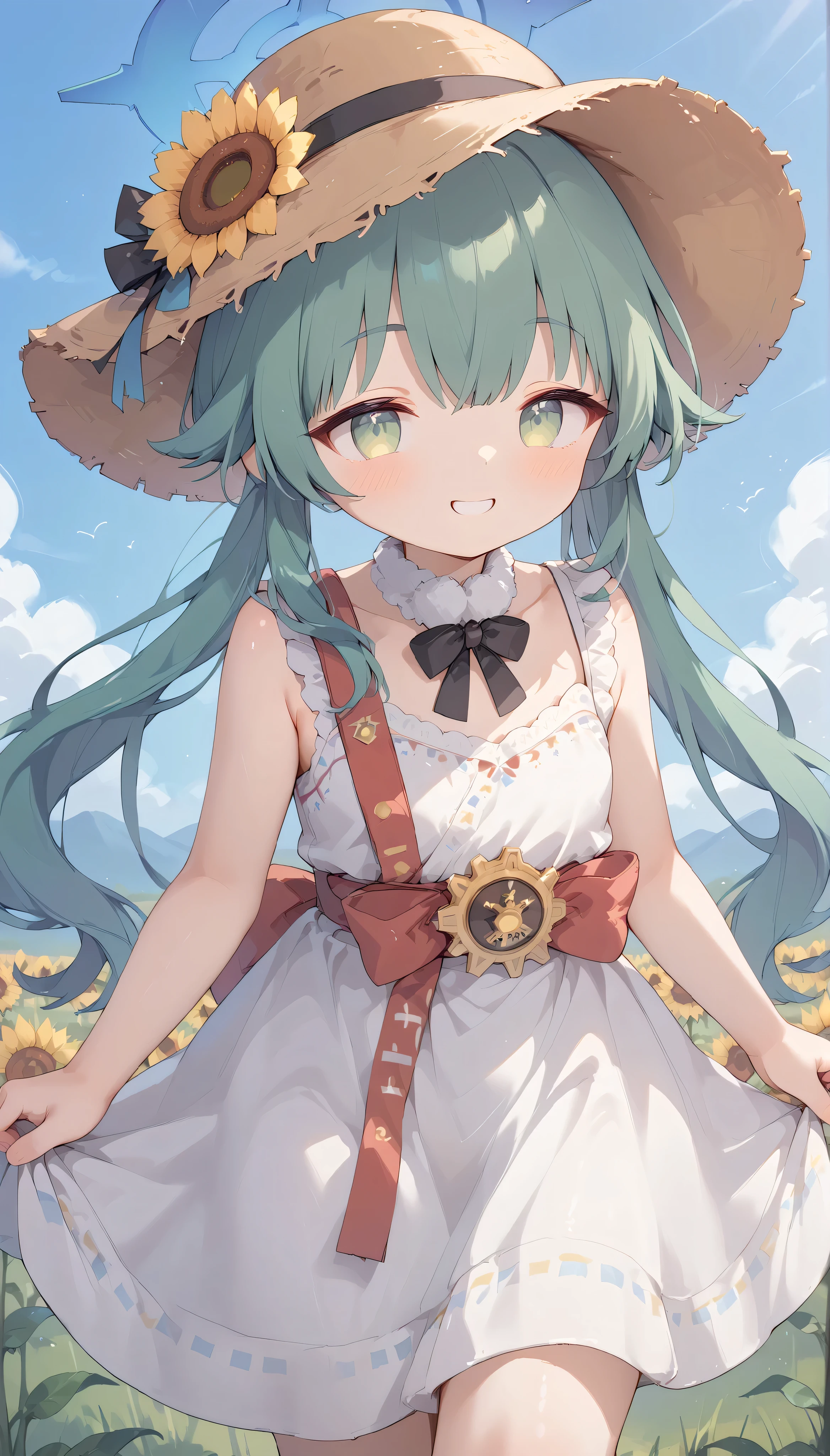 momiji (blue archive), green eyes, green hair,long hair, low twintails, , halo, solo, I can see my eyebrows from the inside of my hair, hair between eyes, is embarrassing, masterpiece, Best Quality, very aesthetic, thick thighs, Wide pelvis, sleeveless white dress, straw hat, outdoor, grassland, smile, sunflower field,