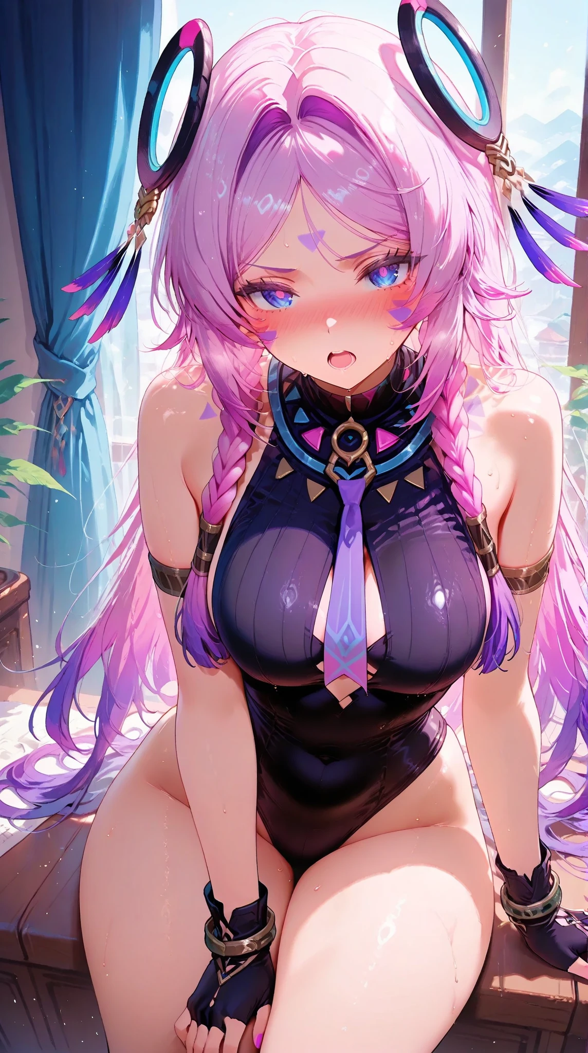 ((highest quality)),(ultra high resolution),(Super detailed),(detailed description),((best CG)),(best work of art),super precision art,great drawing art,(Works with precise details:1.5), (1 woman:1.6),(beautiful and well-shaped face:1.5),(Detailed ponytail:1.6),(Colorful belt bodysuit that tightens your body:1.5),stiletto boots:1.4,,(Eyes staring at you:1.4),(Calm atmosphere:1.7), Seven colors