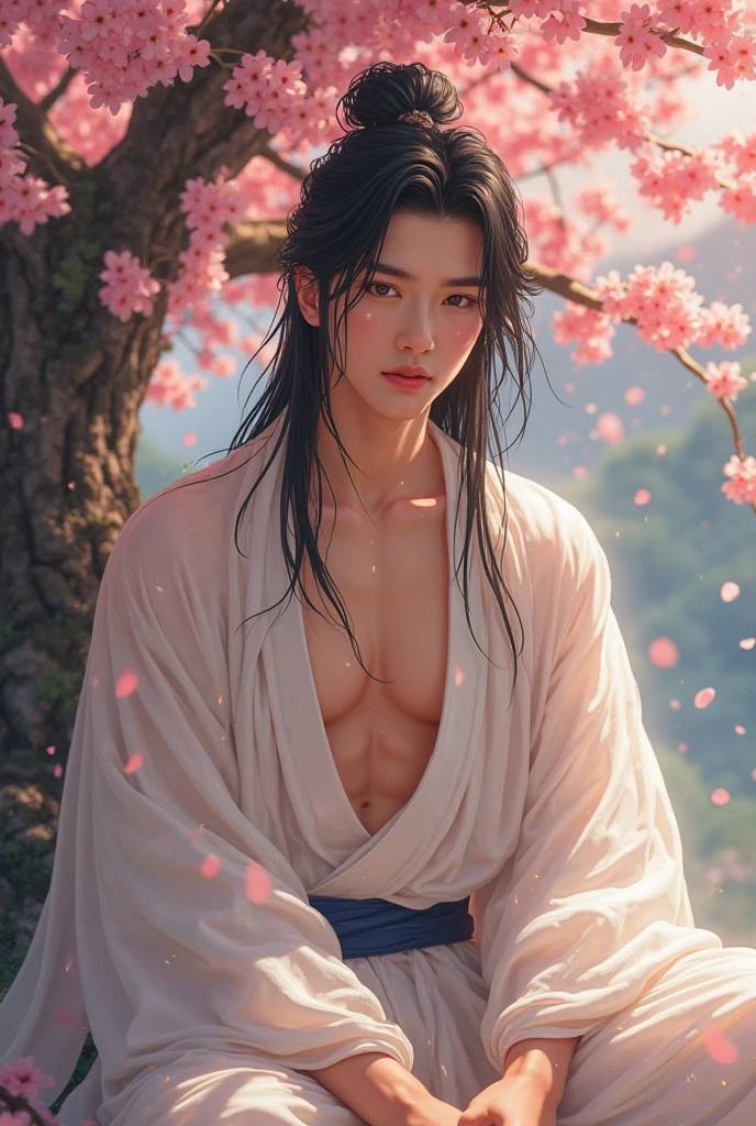 (Photottristic: 1.2, Top Quality, 8k, Sensual: 1.3, Wet: 1.3), (Man, Solo, Hands on Chest, Dynamic Angle), 20-year-old blonde Ukrainian bodybuilder, (sweat: 1.2, wet: 1.2), fine skin, (film lighting), cherry blossom print kimono, boxer shorts, soft light,