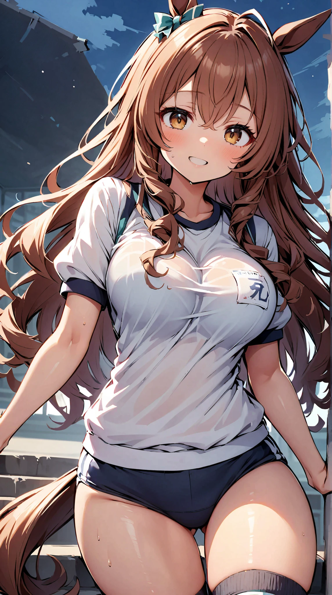 (sketch drawing), (close up), (adult body), ((mouth, smiling, lips)), (chest a little big), (thick legs), (large thighs), (pink cheeks), ( white t-shirt), (showing belly), (perfect belly), (gym shorts), (brown cat ears), (Beautiful cat ears), (brown hair), (brown eyes), (poking one eye), (tongue out), (long straight hair loose), (bangs), (details in the strands), (white background),