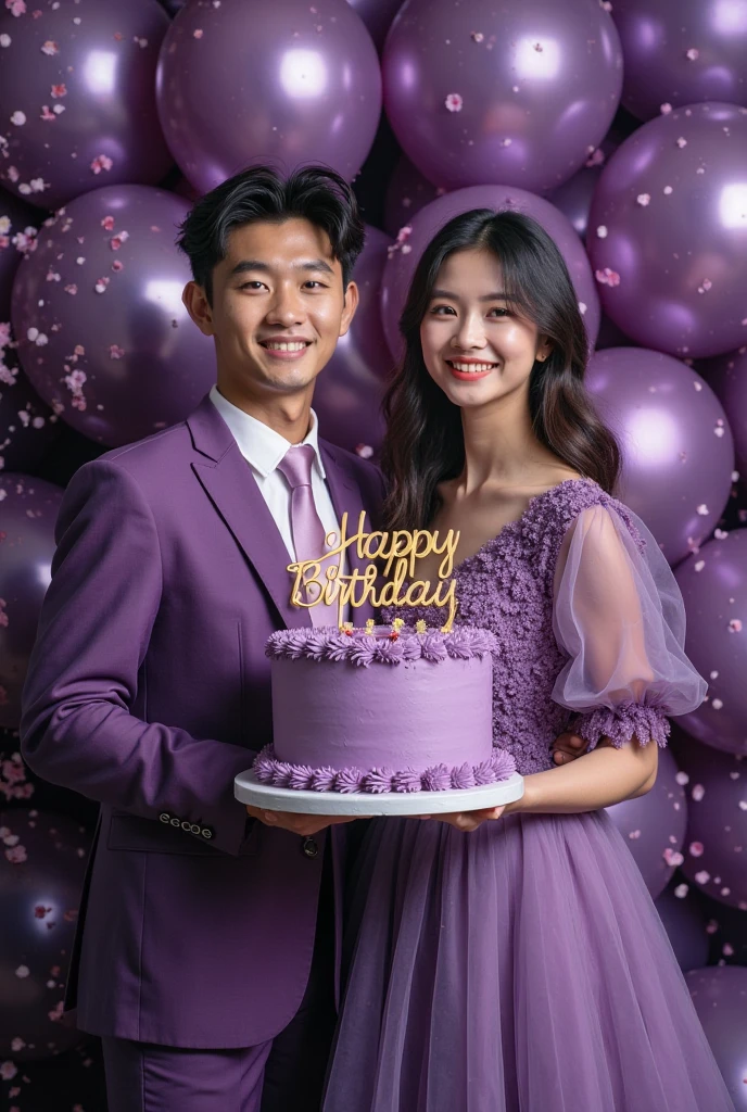 Birthday party in a woman and boy ,a wearing dress purple, smile,cake birthday font RIANI