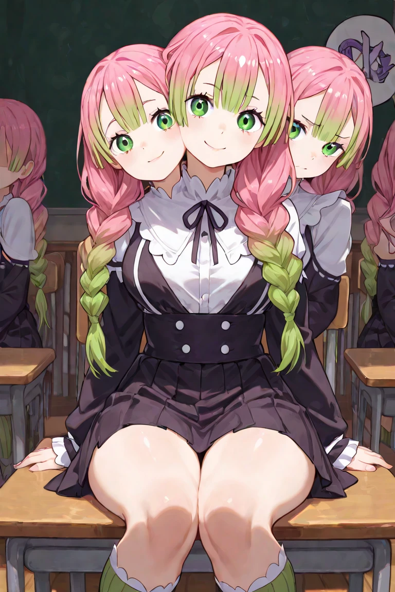 ((best quality)), ((Masterpiece)), (details), 2 girls, The first one has long green hair.,red eyes,big breasts,Slim figure,small hips,wearing a red school uniform,Put on white stockings, Two people with short yellow hair,blue eyes,small hips,Wear a green ,Wear black stockings,Hug each other,