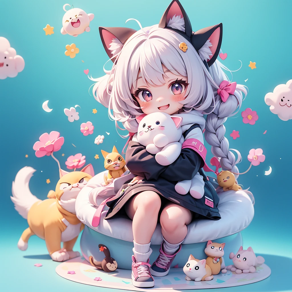 fluffy kitty, long-haired white cat, mouth wide open, jumping, rainbow soap bubble --auto --s2