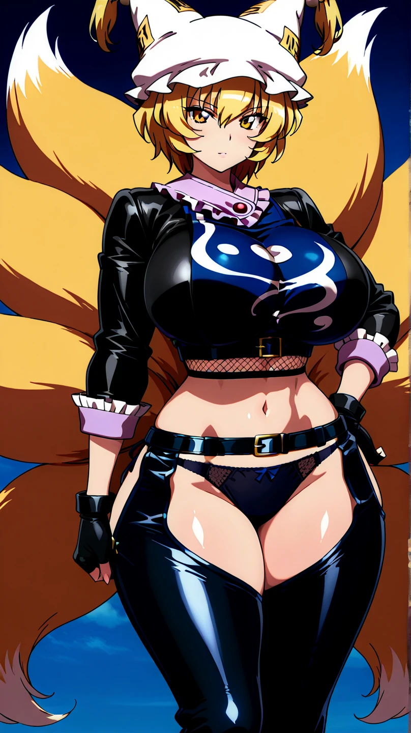 1990s, (masterpiece), high-definition, detailed face, girl, abs, (big tits: 1.4) big hips, messy (dark purple and blue hair), orange eyes, grey turtleneck sweater, jacket, (red tight skirt: 1.3), belt, (thong: 1.4), thigh high stockings, boots, fishnet, city, selfie