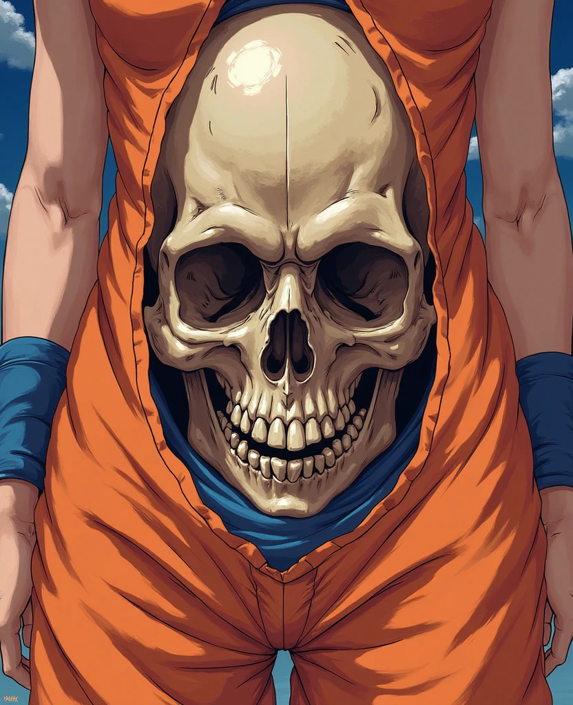 (masterpiece, best quality:1.2), <lora:xl_yamcha_pose(a3.1):1>, yamachapose, solo, 1boy, (skeleton:1.3), lying, on side, orange dougi around here, blue sash, blue wristbands, black shoes, insignia