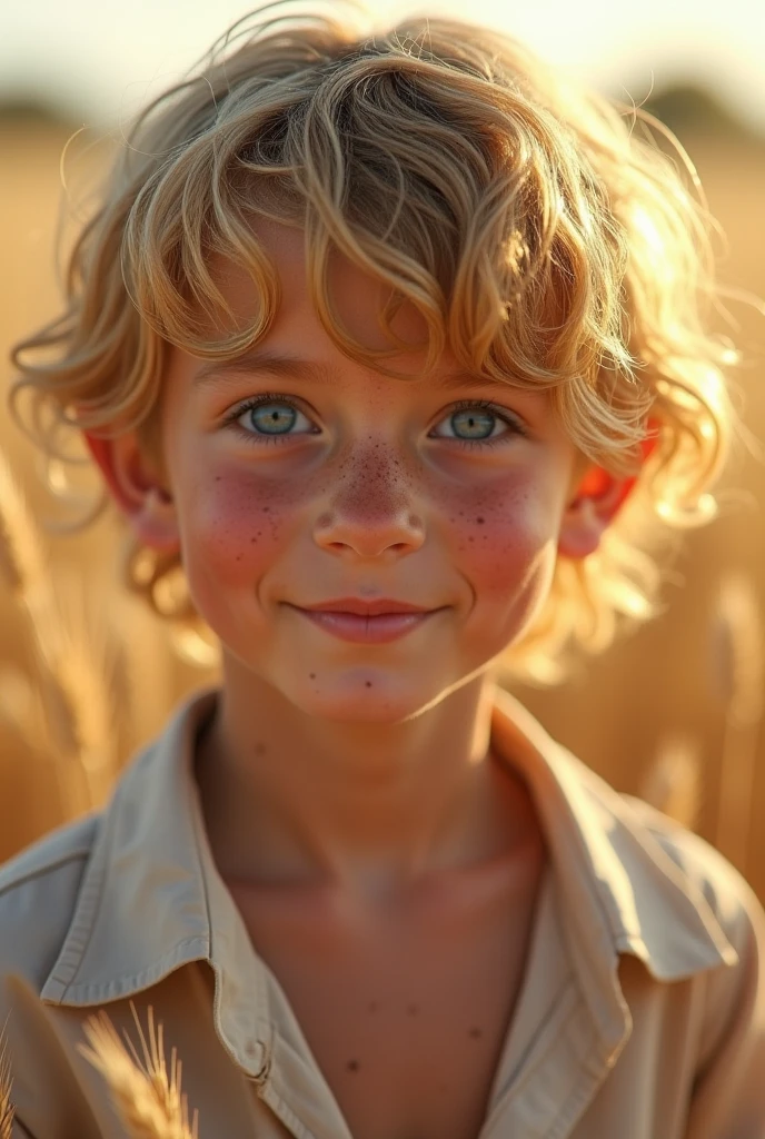 Young boy with curly red hair, green eyes and freckles, with a background of a sunset