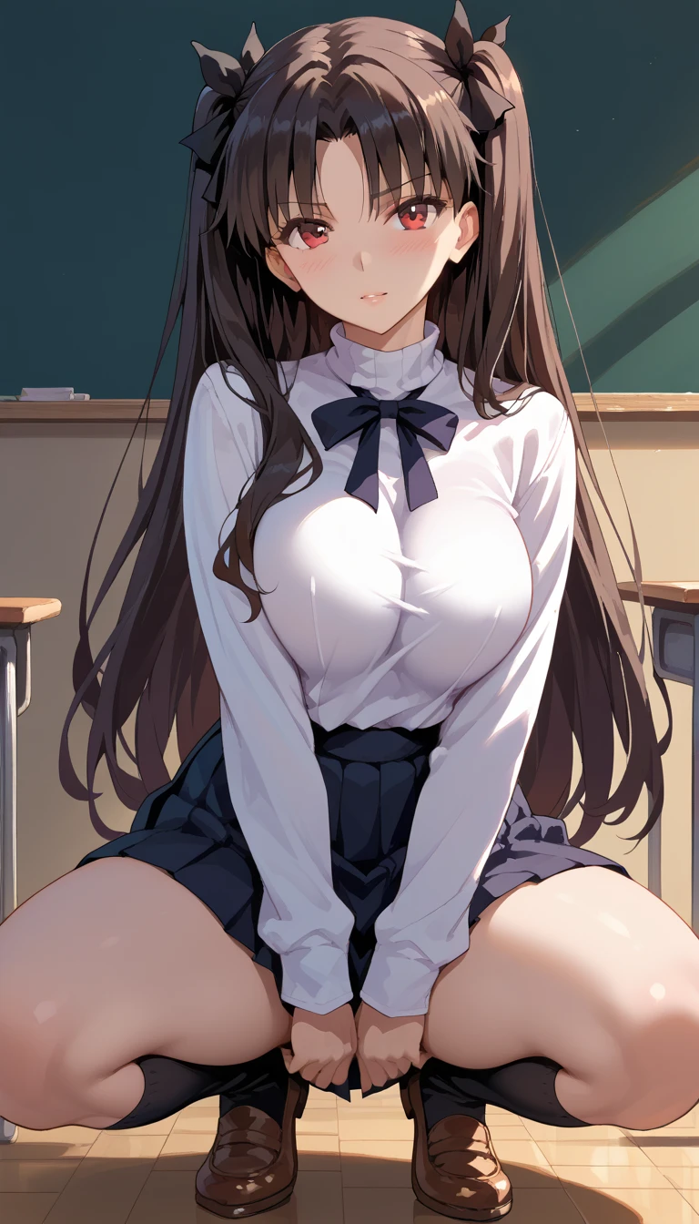 Italian girl, 25 years old, very long brown hair, gigantic breasts, thin, wearing a torn white shirt and a black pleated miniskirt, office, kneeling