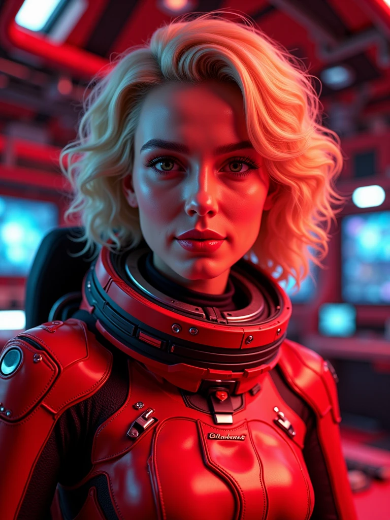woman, wearing a metallic suit, red hair, looking at viewer, inside a spaceship, blonde hair, 4k, 8k, volumetric lighting, intricate detail, amazing quality, best quality, masterpiece, photorealistic, sharp focus, UHD, ultra-hd, high resolution