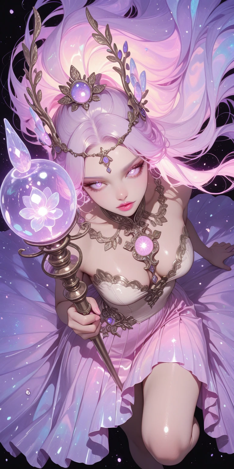 A beautiful mid 20s woman with a slender anime build, light lavender hair in a loose cascade, (pink inner thigh tattoos:1.42), standing in a contrapposto stance with a light smile, wearing a purple wrap dress, front of skirt is hiked up, white lace stockings, high-heeled purple boots, and a heavy bust, holding a magic staff above her head, spell casting pose with armpits showing, set against a starry void background, (pink glowing magic symbol circles:1.27), a swirl of energy around her feet, with extremely detailed facial features, hands, eyes, and intricate background details, rendered in 16k resolution with best quality and masterpiece style, under moody lighting