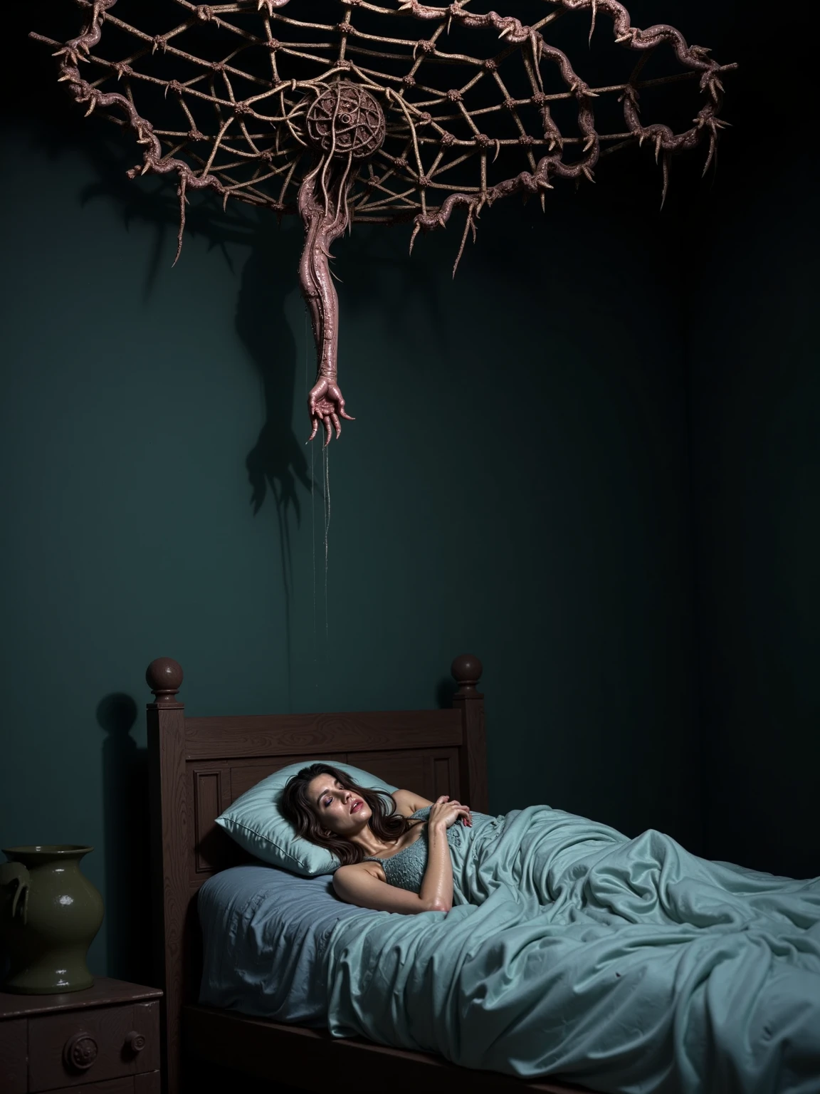 masterpiece,best quality, ultra detailed,highres,high-resolution,4k,4k portrait,8k,8k portrait,unity 8k wallpaper,extremely detailed CG,unity 8k wallpaper,realistic,RAW photo,real person, portrait photography,photorealistic,shiny skin,detailed skin,
In the bedroom at night, it's pitch black outside the window, and the room is dimly illuminated by the lights of the wall lights.A bed is placed a short distance from the lights. On the bed lies someone, On the someone there is a human-like some . The bodies of the creatures are lit up with lights to reveal their eerie shapes,
((night:1.8)),(darkness:1.8), boogeyman,creature, horror, scary stories,((bed room:1.7))
 reelhorror, blood, humanoid, tentacles, creature, monster, dismembered, <lora:weirdreelhorror_v1_2:1> reelhorror, (bloody:1.6)no skin, peeled skin,
