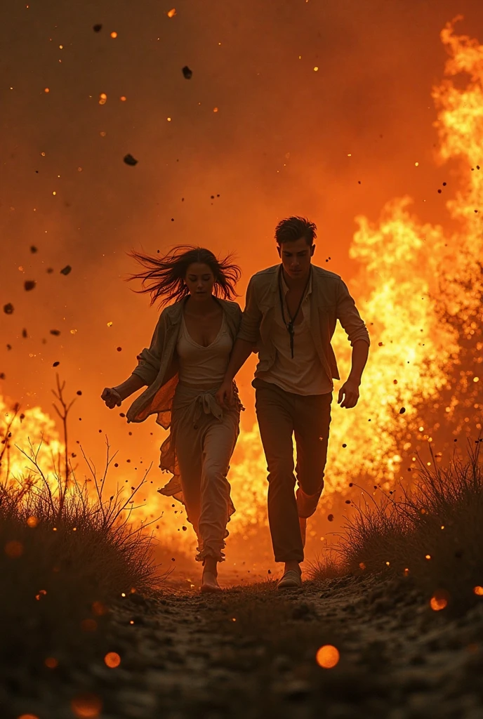 A handsome boy saves a beautiful girl from fire
