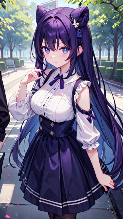 {{{{masterpiece, extremely detailed, intricate details, soft focus, 8K, highres, depth of field, absurdres, high quality facial shadowing, dynamic shadowing, extreme shaders, cinematic lighting, perfect lighting, soft lighting, hazy lighting, blurry foreground, lens flare}}}}, best quality, asian qualities, {front view}, (solo:1.2), (beautiful young girl:1.3), high school girl, {{{extremely detailed girl, perfect anatomy, perfect body}}},(detailed cat ears:1.3), black cat ears:1.1, (beautiful-detailed hair:1.3), (void black hair:1.3), luscious waist-length hair, (multi-layered hair:1.5), (hair splayed out:1.2), beautiful-detailed facial structure, detailed beautiful face:1.3, sexy face, cute face, slender facial structure, (detailed face:1.33), big eyes, (detailed glowing eyes:1.1), glowing void purple eyes, (detailed facial expression:1.1), shy, embarrassed, detailed-slight red blush, (detailed boobs:1.2), small size boobs, (slim waist:1.1), (slim legs:1.1), standing up, (summer school uniform:1.3), (detailed void black off-shoulder school jacket:1.2), (detailed pure white buttoned-up school t-skirt:1.2), (detailed short pure white plain school skirt:1.4), (detailed pure white socks:1.4), (detailed black school shoes:1.3), summer day, (enhanced background:1.4), (school courtyard:1.2), (full body shot:1.1), hazy photo, (warm photo:1.3)