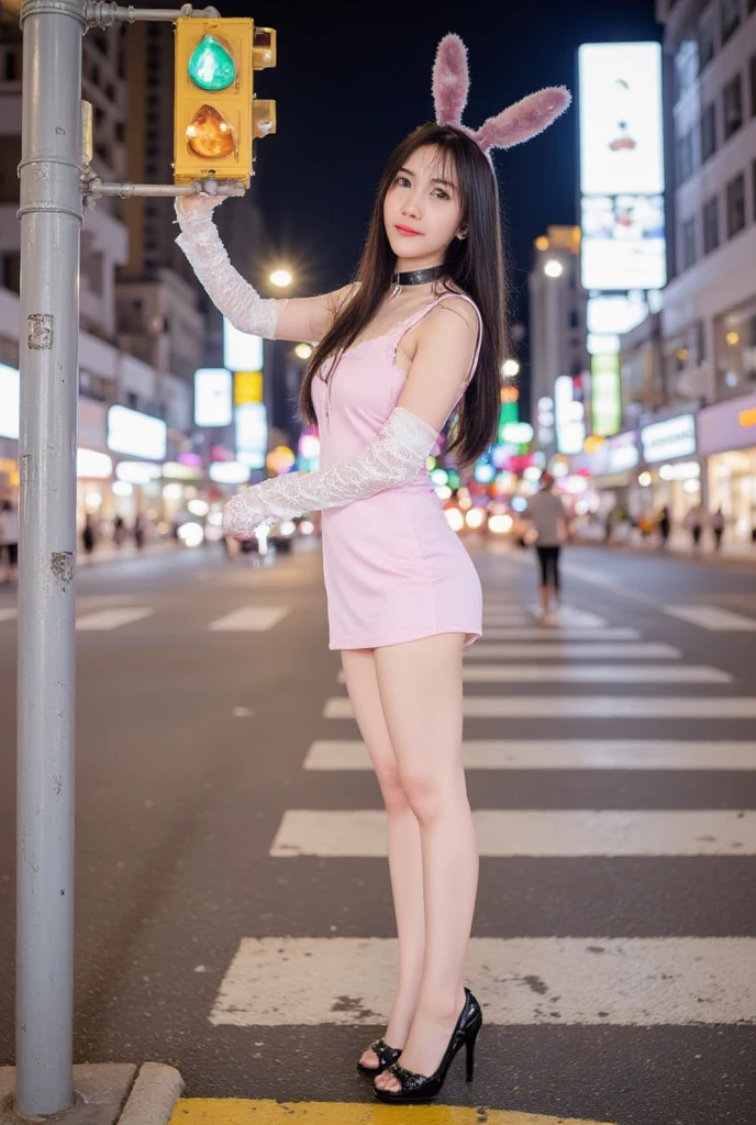 1 girl、on tokyo street、A city scape、夜のA city scape、Neon Street、full bodyesbian、a closeup、A smile、、(8K、Raw photography、top-quality、masterpiece:1.2)、(realisitic、photo realisitic:1.37)、Highly detailed eyelash drawing、(((Top image quality))), (Perfect Anatomy), (Realistic), (Dynamic Angle), Pose Seductive,Perfect, Look、top-quality、hight resolution、legs are thin、Toyoko、Shinjuku、Kabukicho、Wearing fashionable clothes、in her 20s
