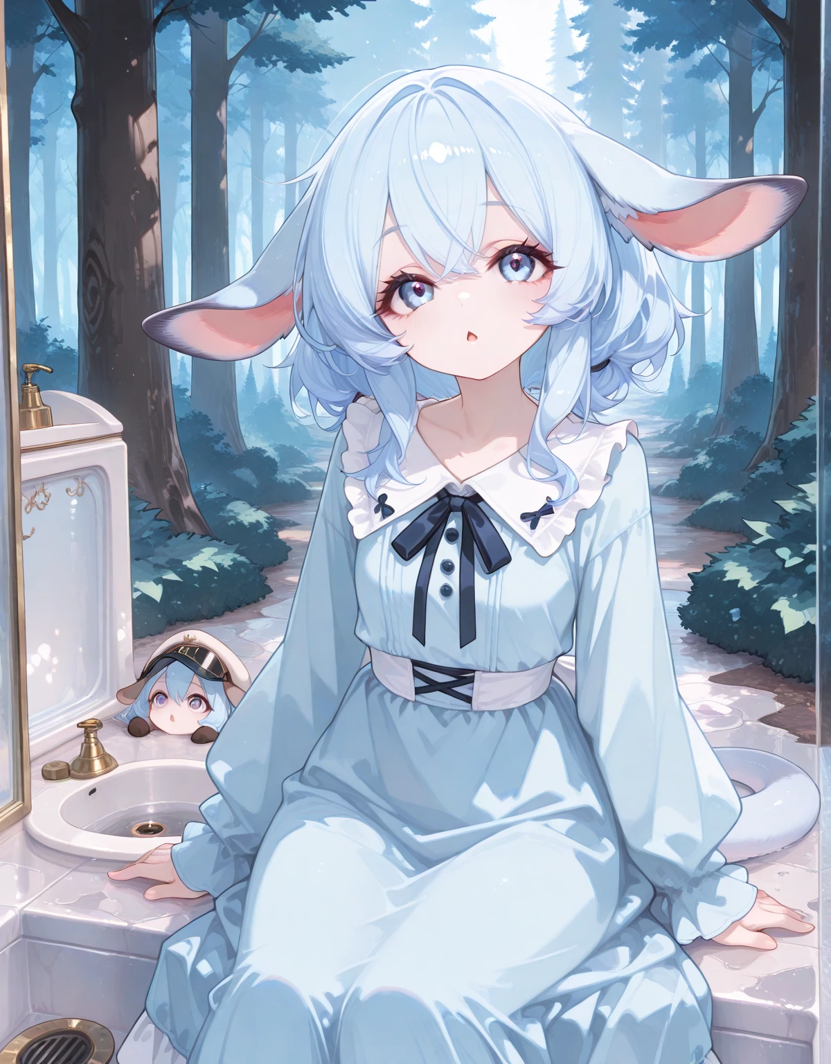blue hairs,younge boy,blue color eyes,White hair,fluffy ears,get down on the bed,Smile at the audience,Lively and cheerful,Stick out your tongue,Outlet water